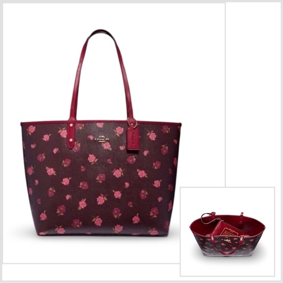Coach Reversible City Tote Bag Tossed Peonies Oxblood/Cherry Coated Canvas - Picture 1 of 14